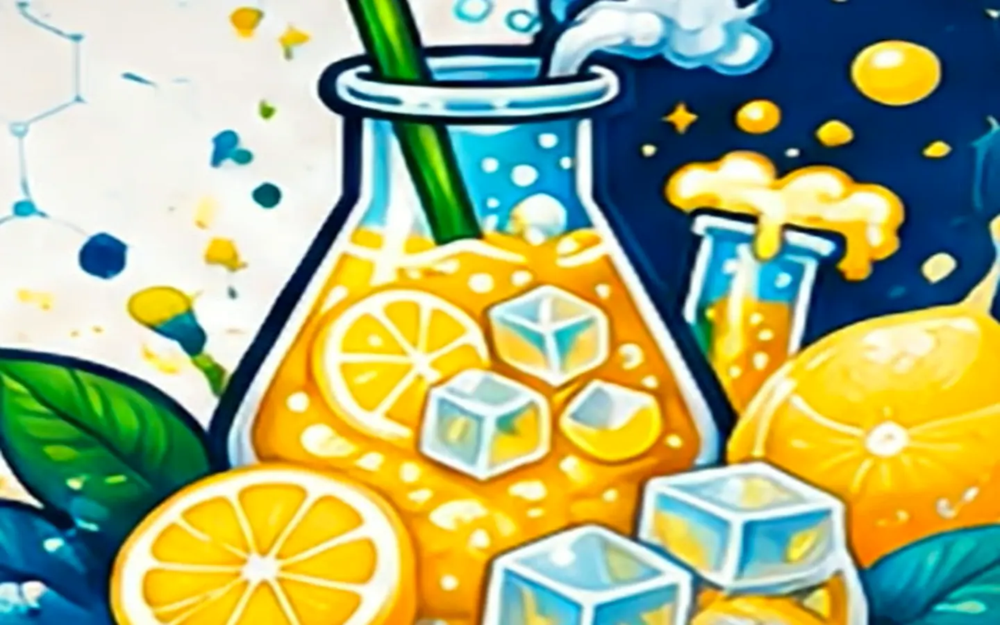 Lemonade Lab mural artwork featuring citrus, ice, and laboratory glassware